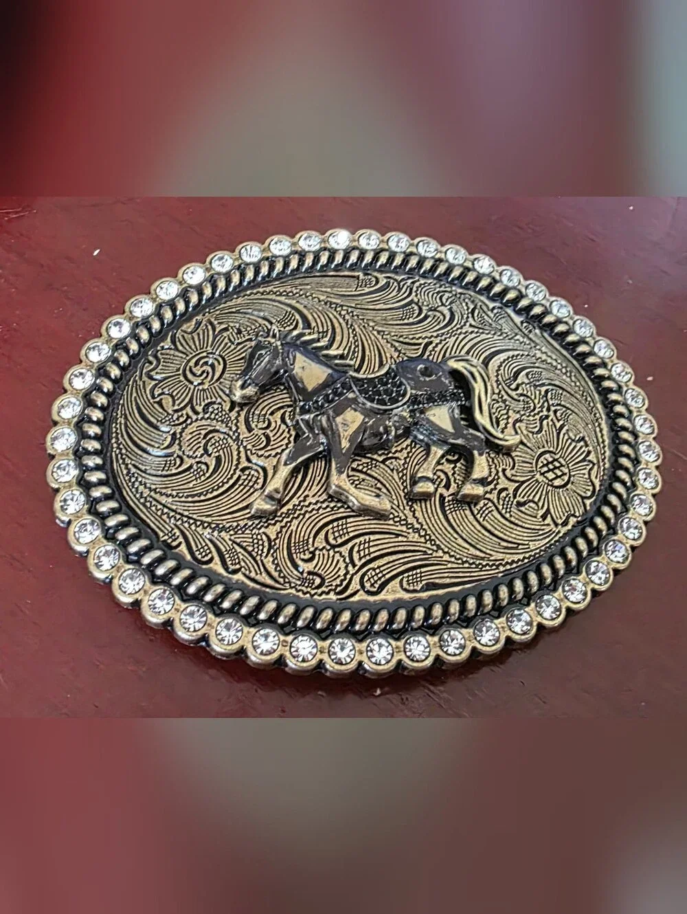 Ornate Rhinestone Horse Belt Buckle